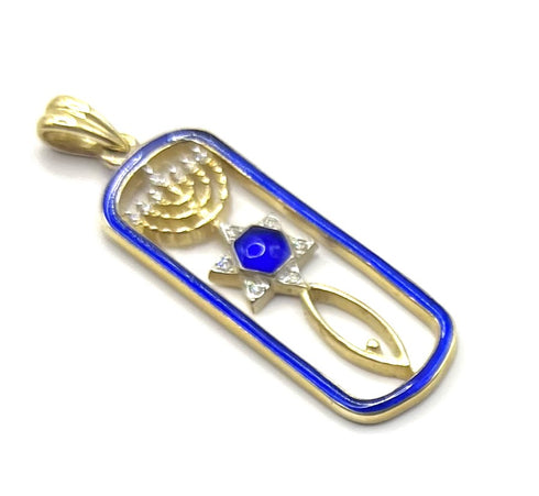 14k Gold & Diamond With Blue Enamel Messianic "Grafted In" Necklace